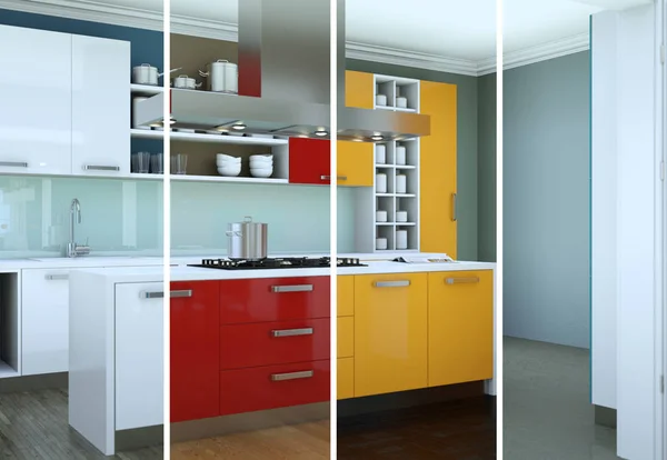Розсіяні кольорові варіації сучасної кухні з красивим дизайном — стокове фото