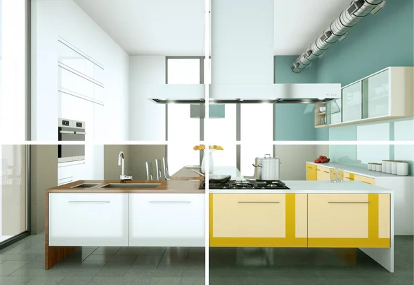 Gesplitste kleurvariaties van een moderne keuken met een mooi ontwerp — Stockfoto