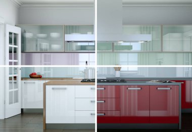 güzel bir tasarım ile modern bir mutfak 3D bölünmüş illüstrasyon renk varyasyonları