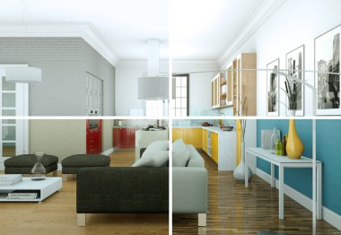 bölünmüş renk değişimleri modern loft iç tasarım 3D çizimi