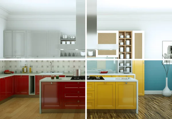 Splitted color variations of a modern kitchen with a beautiful design — Stock Photo, Image