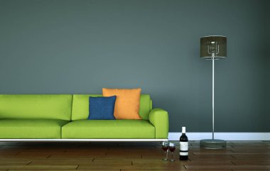 İç tasarım parlak oda ile yeşil kanepe