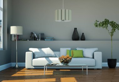 İç tasarım modern parlak oda beyaz kanepe