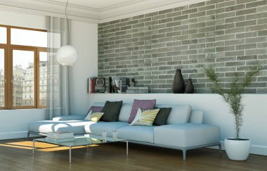 İç tasarım modern parlak oda beyaz kanepe