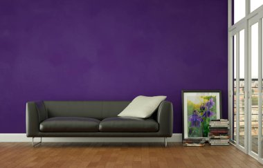 Siyah deri kanepe ile iç tasarım parlak Oda