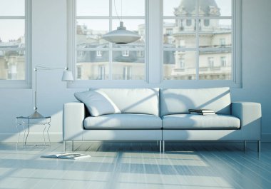 İç tasarım modern parlak oda beyaz kanepe