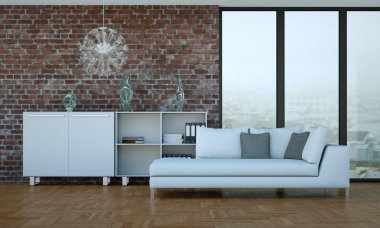 İç tasarım modern parlak oda beyaz kanepe