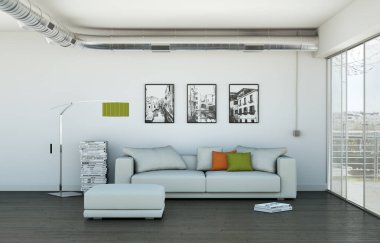 İç tasarım modern parlak oda beyaz kanepe