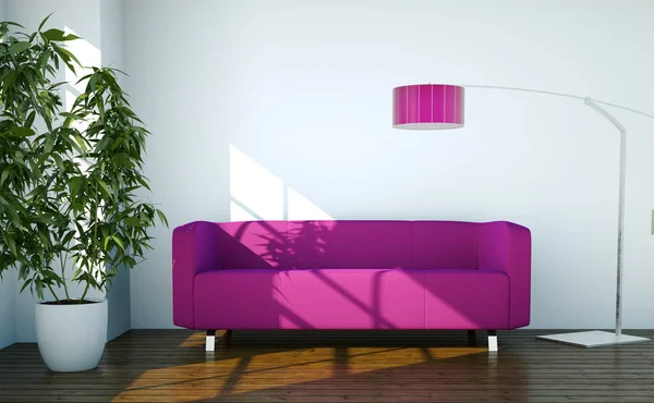 Φωτεινό δωμάτιο με ροζ καναπέ μπροστά από ένα παράθυρο — Φωτογραφία Αρχείου