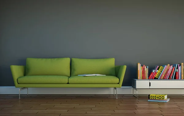 Design de interiores sala brilhante com sofá verde — Fotografia de Stock