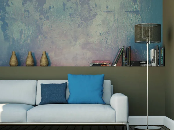 Design interiéru moderní světlý pokoj s bílou pohovkou — Stock fotografie