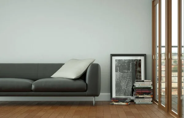 Design intérieur chambre lumineuse avec canapé en cuir noir — Photo