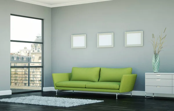 Interior design moderno camera luminosa con divano verde — Foto Stock