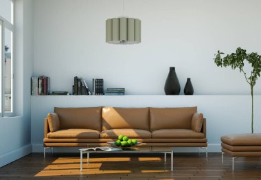 İç dizayn kahverengi deri koltuk ile parlak Oda