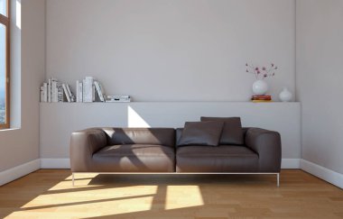 Bright room with brown leather sofa clipart