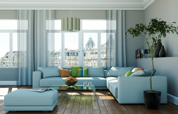 Ruangan yang cerah dengan sofa abu-abu di depan jendela — Stok Foto