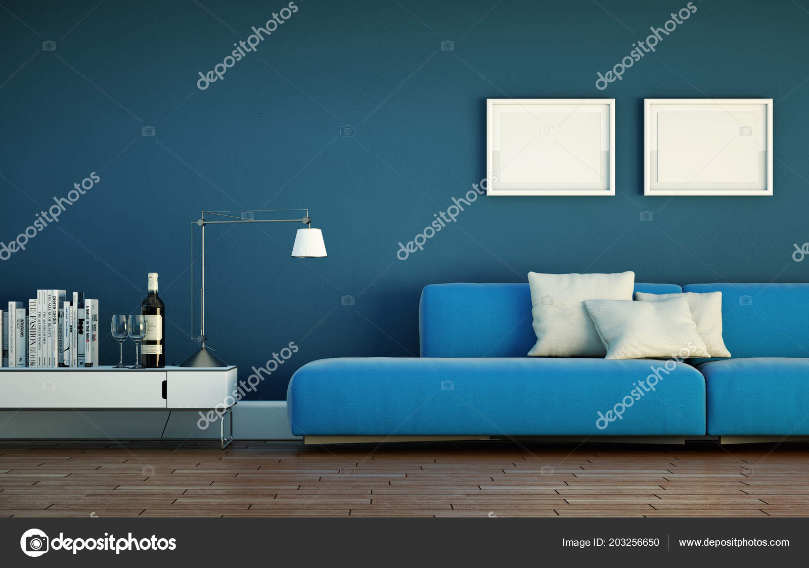 Interior Design Modern Bright Room With Blue Sofa Stock