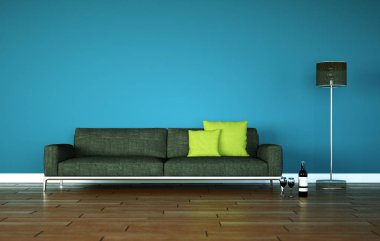 Mavi duvar önünde gri kanepe ile parlak Oda