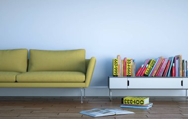 İç tasarım parlak oda ile yeşil kanepe