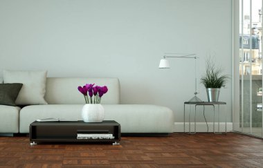 Gri bir duvar önünde beyaz kanepe ile parlak Oda