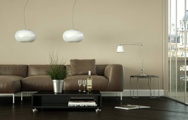 İç dizayn kahverengi deri koltuk ile parlak Oda