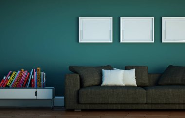 İç tasarım parlak oda ile gri kanepe