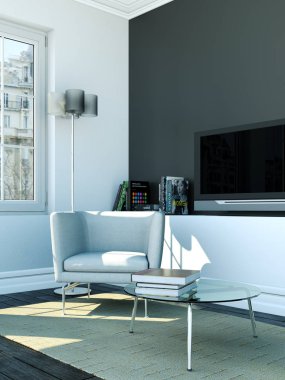 İç tasarım modern parlak oda beyaz koltuk