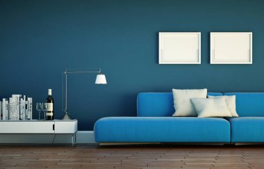 İç tasarım modern parlak oda mavi kanepe