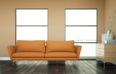 Turuncu kanepe kahverengi bir duvarın önünde parlak Oda