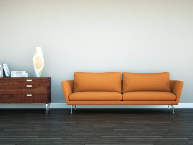 Turuncu kanepe kahverengi bir duvarın önünde parlak Oda