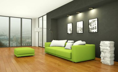 İç tasarım modern parlak oda yeşil kanepe