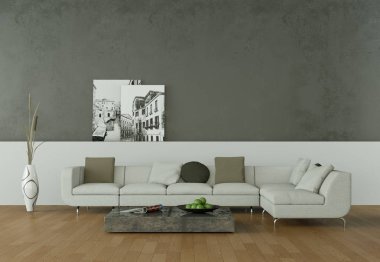 İç tasarım modern parlak oda beyaz kanepe ile 3d çizim