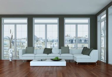 İç tasarım modern parlak oda beyaz kanepe