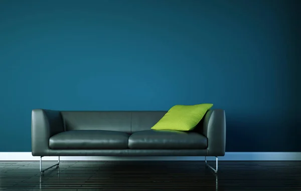 Interior design világos szoba, bőr kanapé előtt kék fal — Stock Fotó