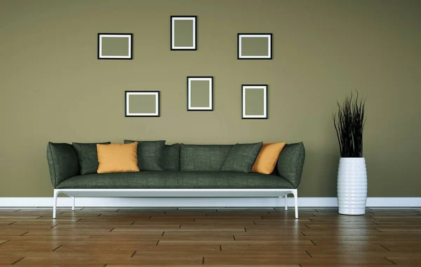 Φωτεινό δωμάτιο με γκρι καναπέ μπροστά από ένα καφέ τοίχο — Φωτογραφία Αρχείου