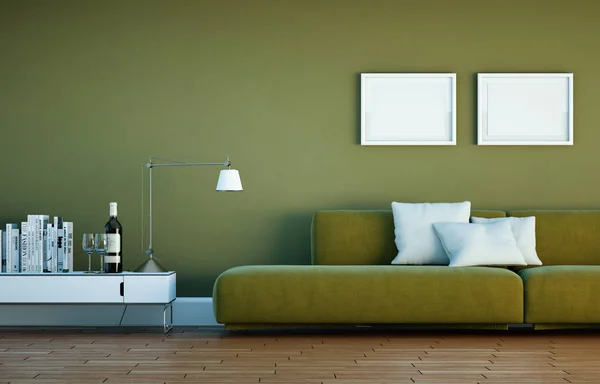 Bright room with green sofa in front of a green wall