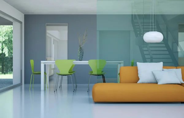 Jasny pokój z sofą pomarańczowym tle szare ściany — Zdjęcie stockowe