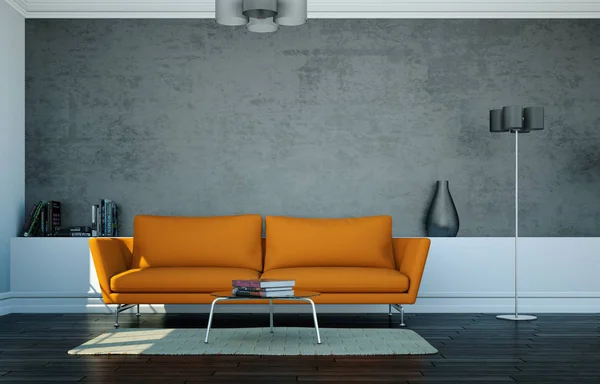 Ljust rum med orange soffa framför en grå vägg — Stockfoto