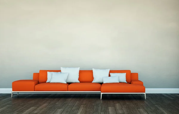 Világos szoba, egy szürke fal előtt narancssárga kanapé — Stock Fotó