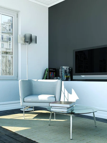 İç tasarım modern parlak oda beyaz koltuk