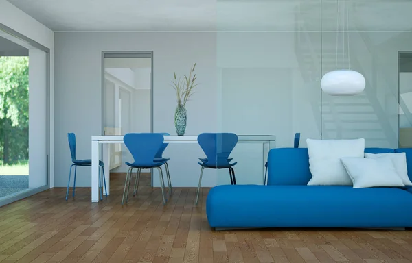 Interior design moderno camera luminosa con divano blu — Foto Stock