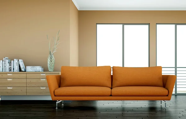 Camera luminosa con divano arancione di fronte a una parete marrone — Foto Stock