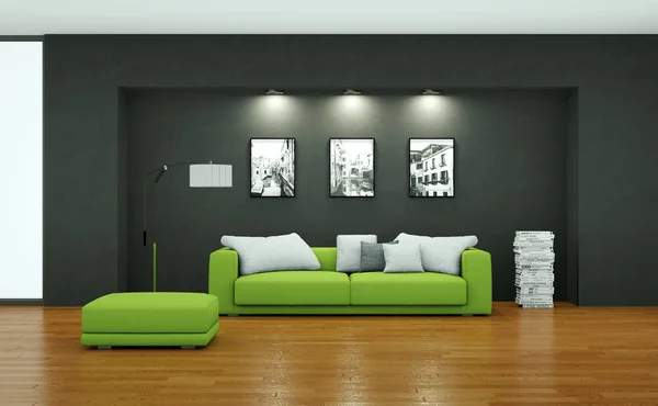 Design de interiores moderna sala brilhante com sofá verde — Fotografia de Stock