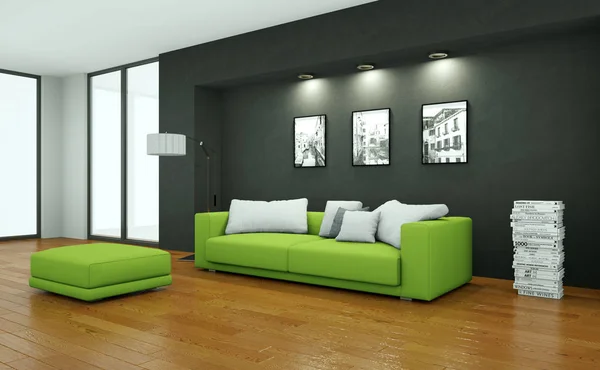 Современный светлый номер с зеленым диваном — стоковое фото