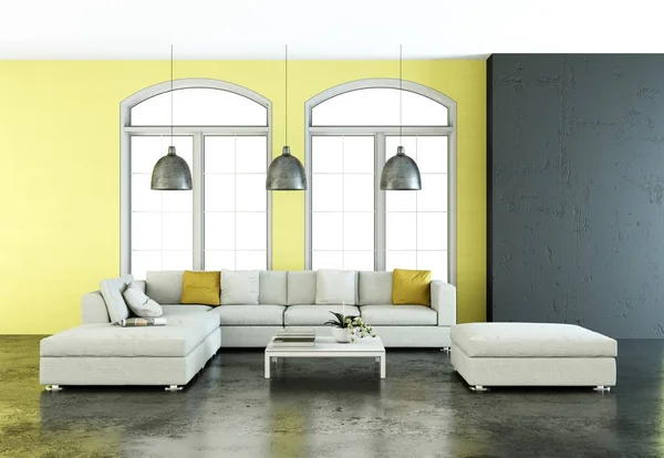 Interior design modern fényes szobában fehér kanapé — Stock Fotó