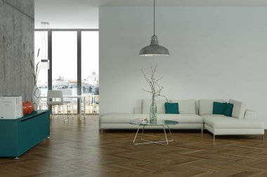 İç tasarım modern parlak oda beyaz kanepe