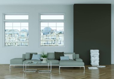 İç tasarım modern parlak oda gri kanepe