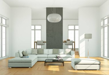 İç tasarım modern parlak oda beyaz kanepe