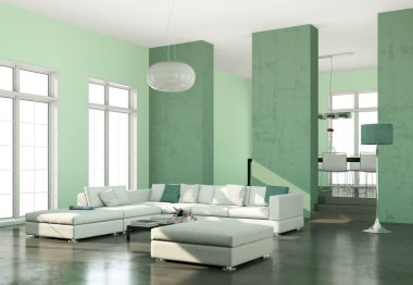 İç tasarım modern parlak oda beyaz kanepe