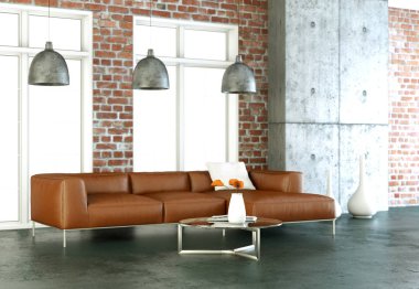 İç tasarım modern parlak oda kahverengi kanepe